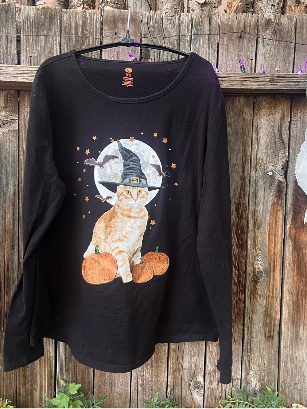 Black Halloween Cat Long-Sleeve Tee with Pumpkins